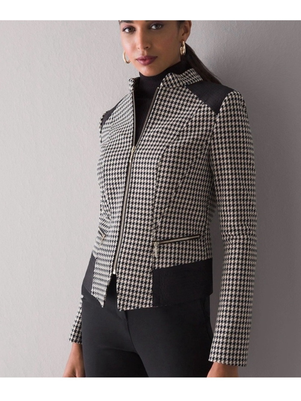 White House Black Market Moto Blazer Houndstooth Zip Front‎ Women's Jacket 8